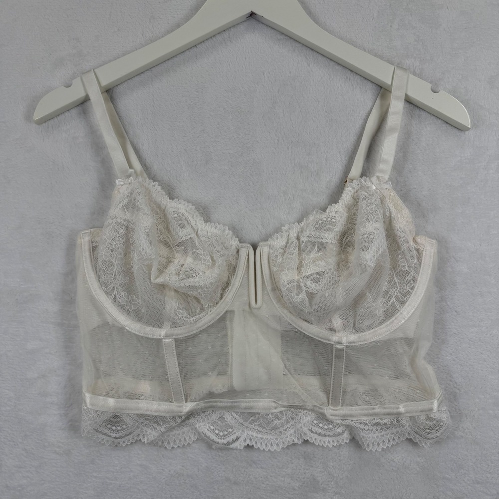 Auden Intimates Ivory Lace Longline Bra Bustier Sheer Dot Mesh Underwire Large